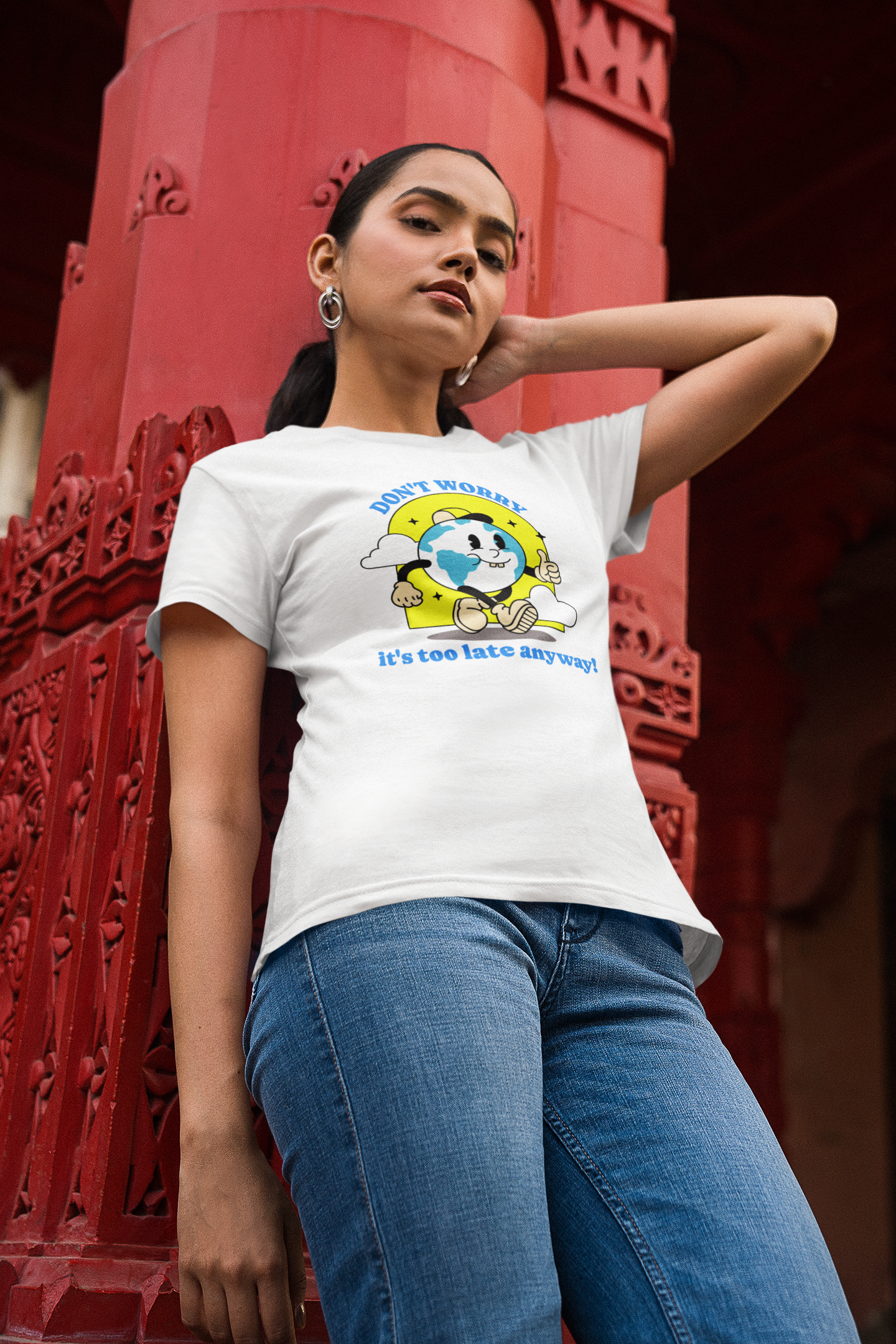 Don't worry,it's too late t shirt mockup image for web girl standing