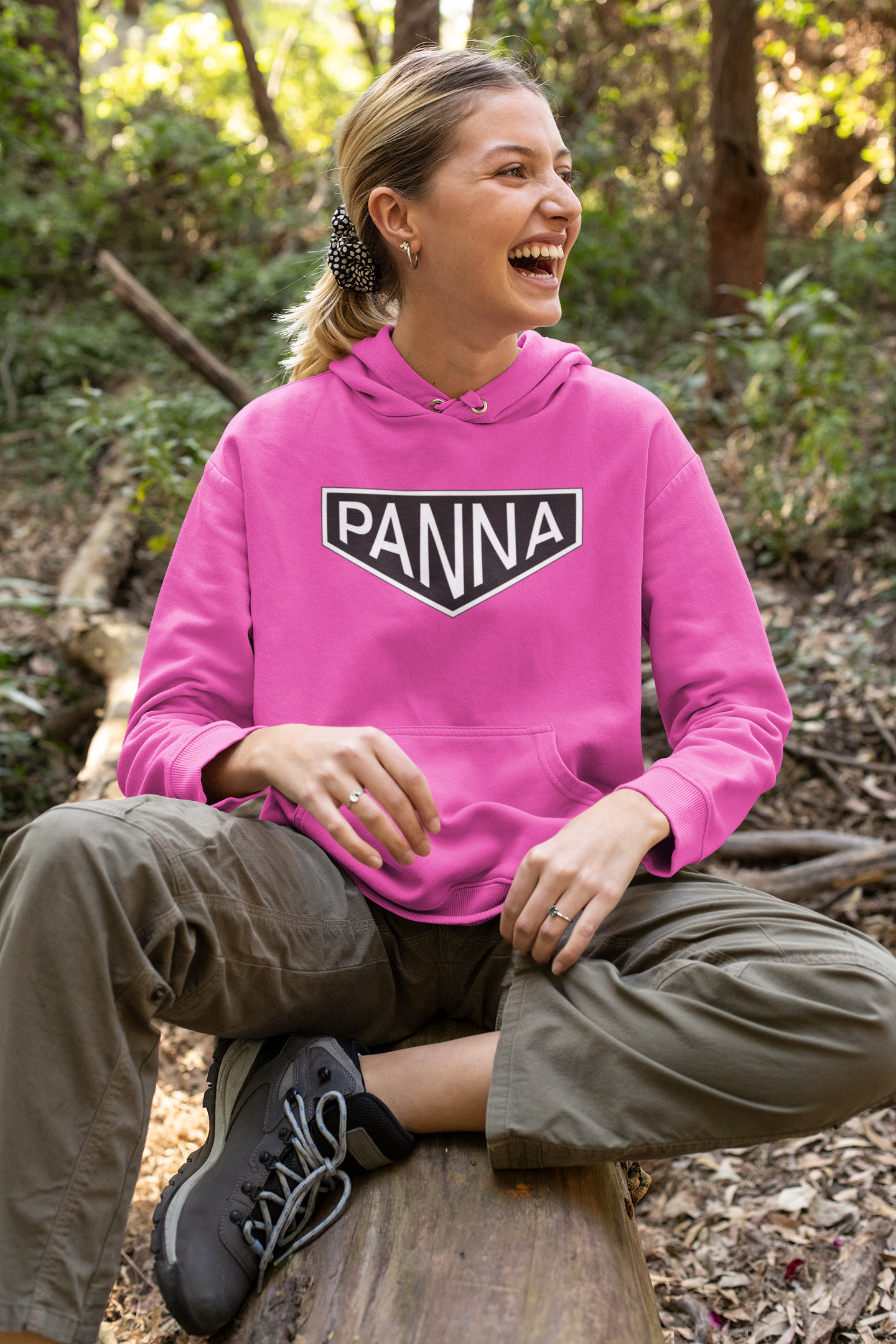 Panna Hooded sweatshirt mockup image for web girl sitting