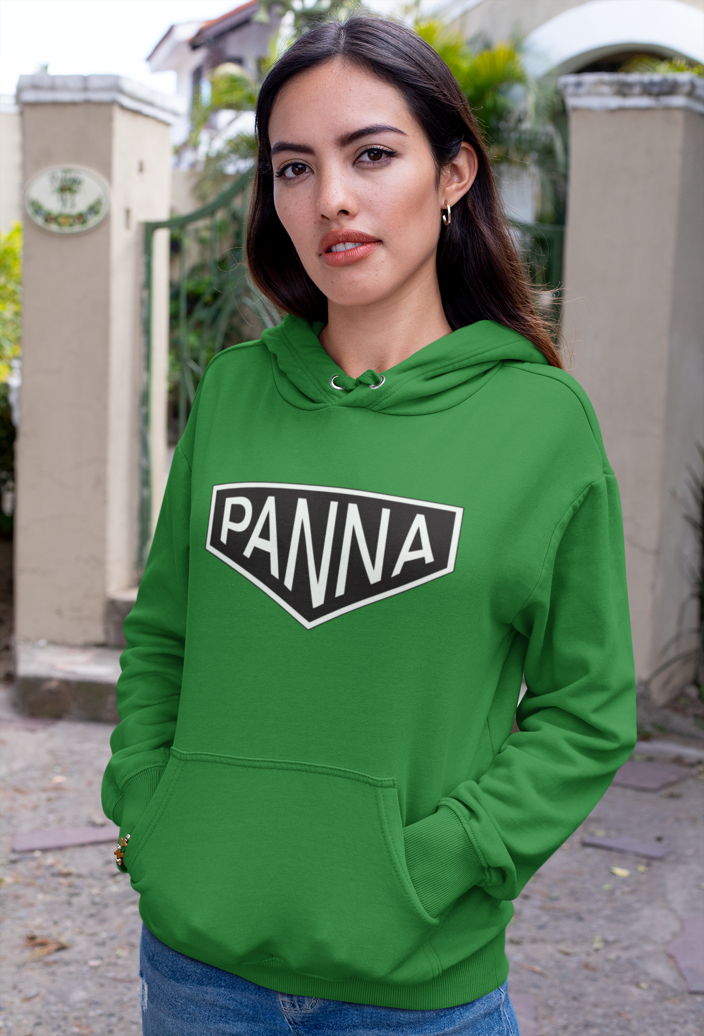 Panna Hooded sweatshirt mockup image for web girl standing