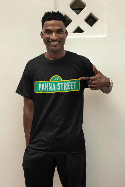 Panna Street t shirt mockup image for web guy posing