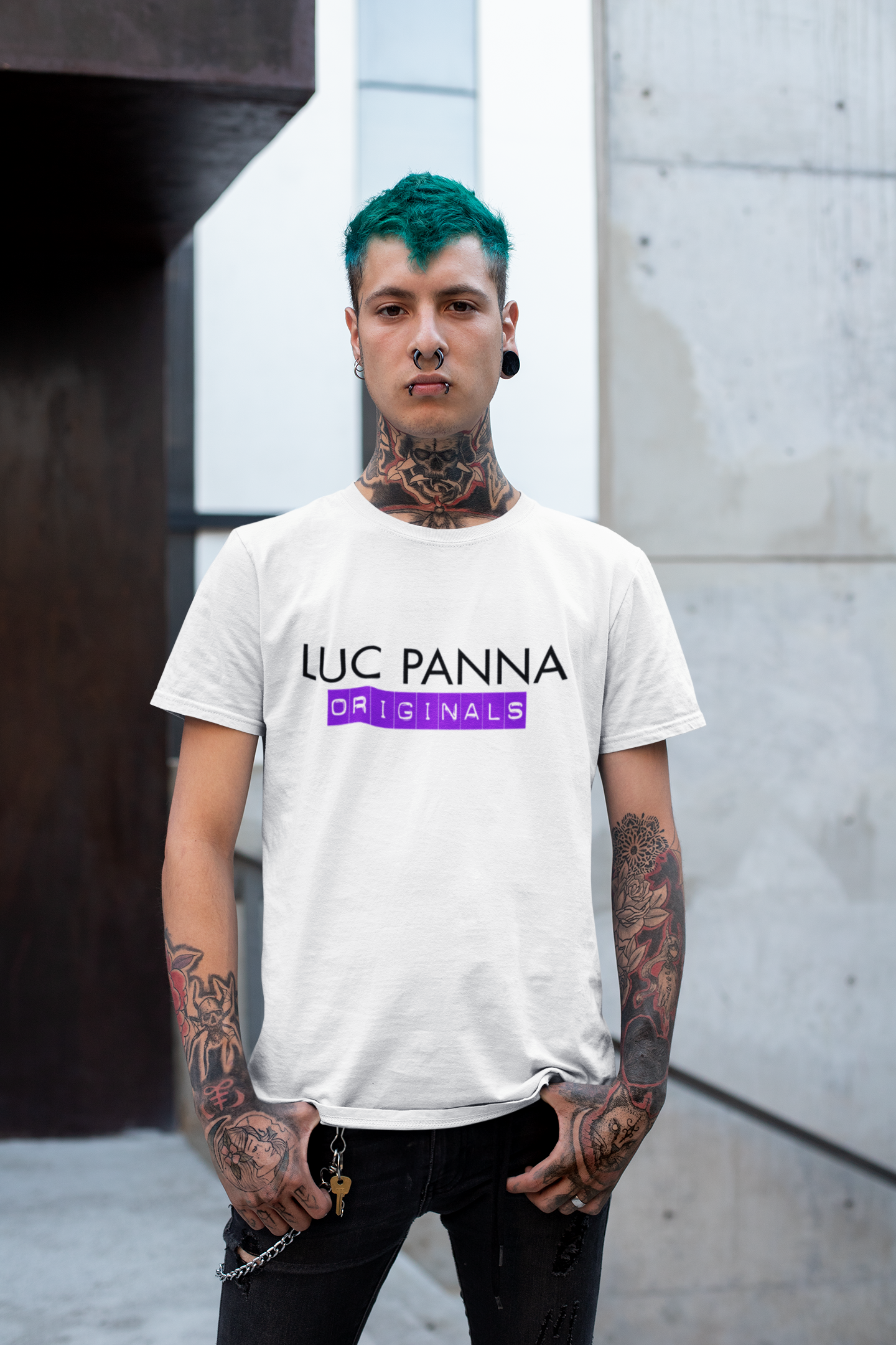 Luc Panna Originals t shirt mockup image for web young male standing