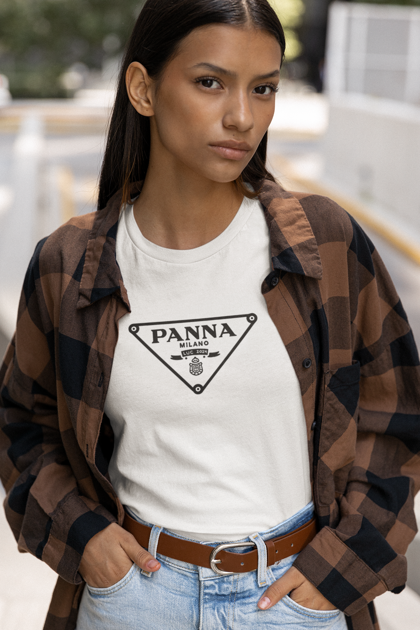 Panna Prada T shirt mockup image for web young girl posing