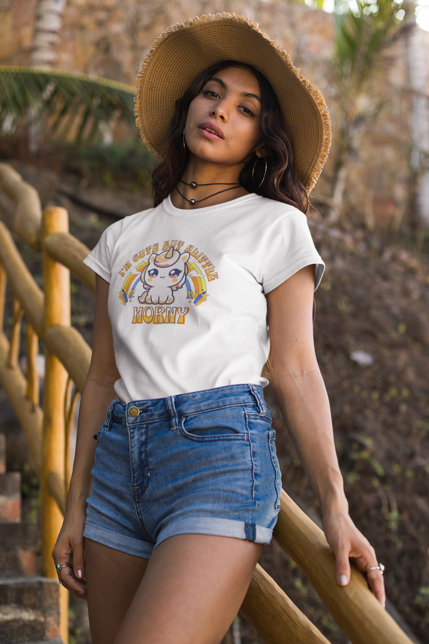 I'm cute but horny tee mockup image for web young girl model