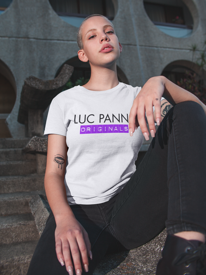 Luc Panna Originals t shirt mockup image for web girl sitting