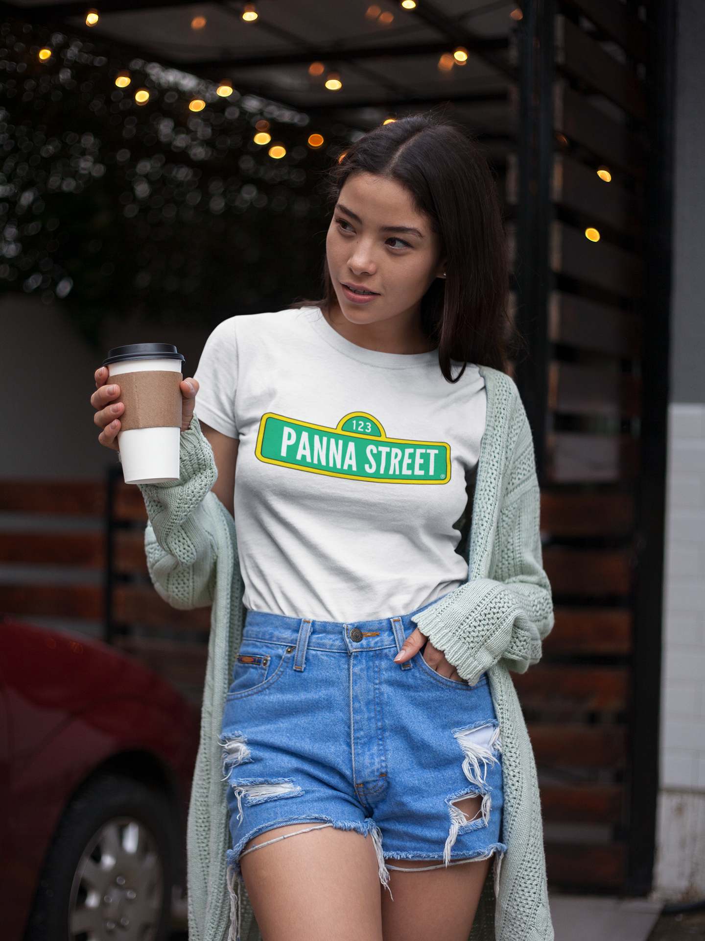 Panna Street t shirt mockup image for web girl posing